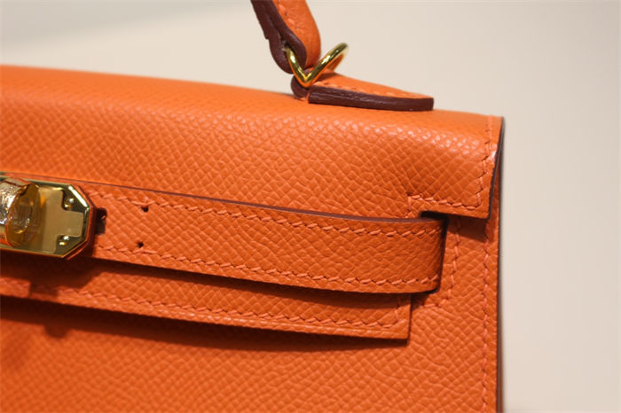 Hermes Kelly Mini II Bag Epsom Leather WAX Silver/Gold Metal Orange High