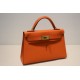 Hermes Kelly Mini II Bag Epsom Leather WAX Silver/Gold Metal Orange High