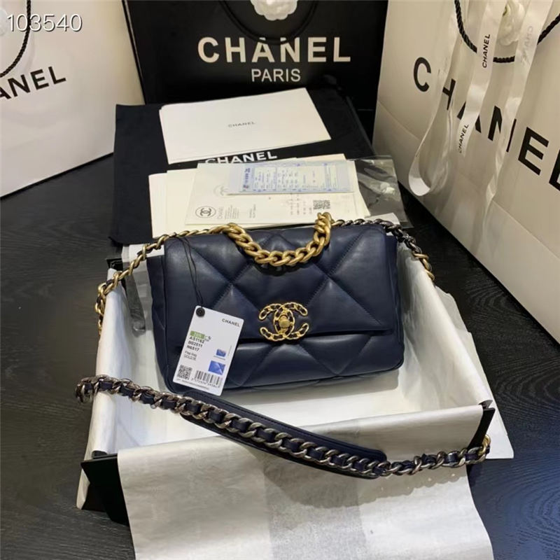 Chanel 19 Flap Bag Goatskin/Lambskin Navy High