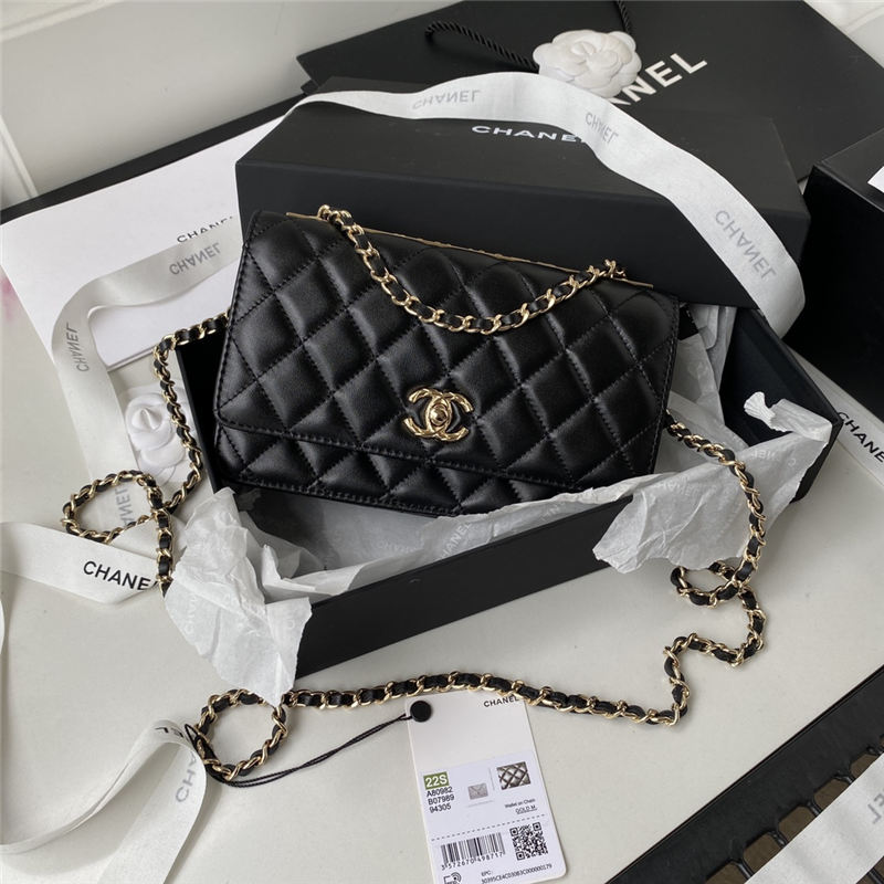 Chanel WALLET ON CHAIN A80982 Lambskin & Gold-Tone Metal Black A