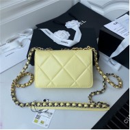 Chanel 19 WALLET ON CHAIN Shiny Lambskin Gold/Silver-Tone & Ruthenium-Finish Metal Neon Yellow A