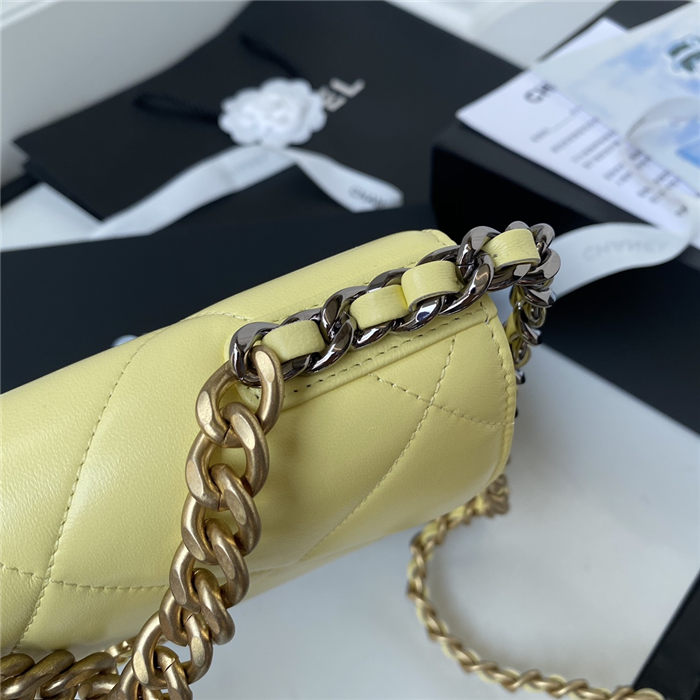 Chanel 19 WALLET ON CHAIN Shiny Lambskin Gold/Silver-Tone & Ruthenium-Finish Metal Neon Yellow A