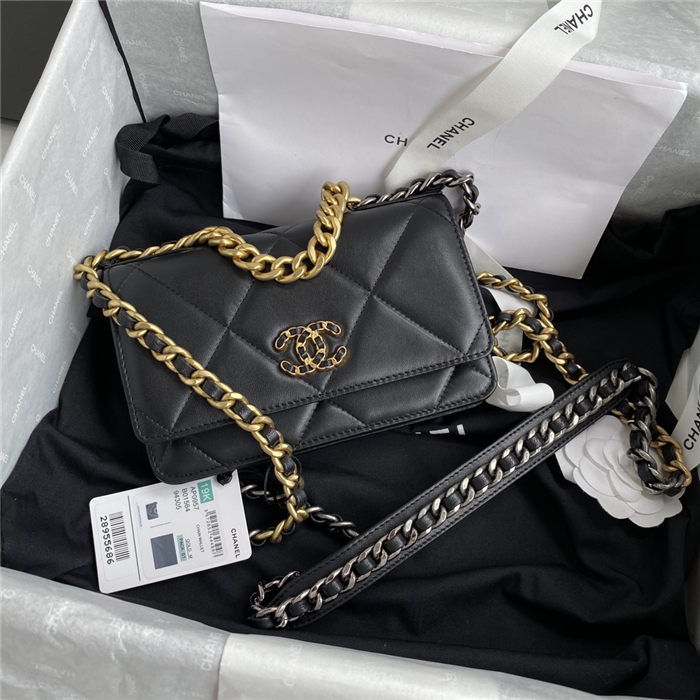 Chanel 19 WALLET ON CHAIN Shiny Lambskin Gold/Silver-Tone & Ruthenium-Finish Metal Black A