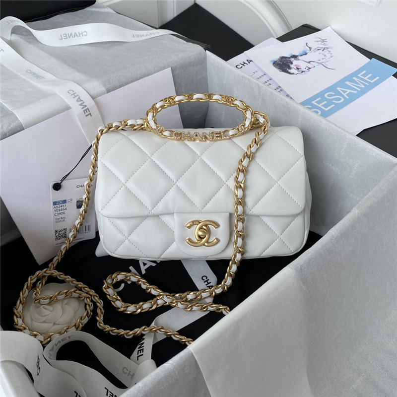 Chanel Small Flap Bag with Handle Lambskin & Gold-Tone Metal AS3451 White A