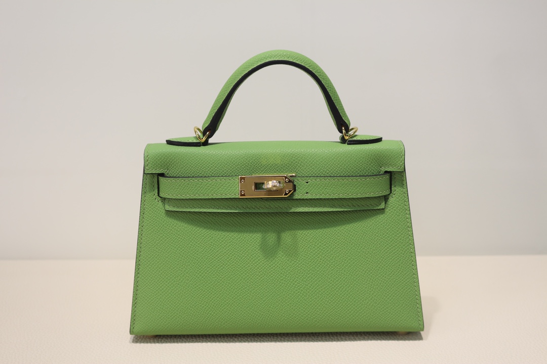 Hermes Kelly Mini II Bag Epsom Leather WAX Silver/Gold Metal Vert Criquet High