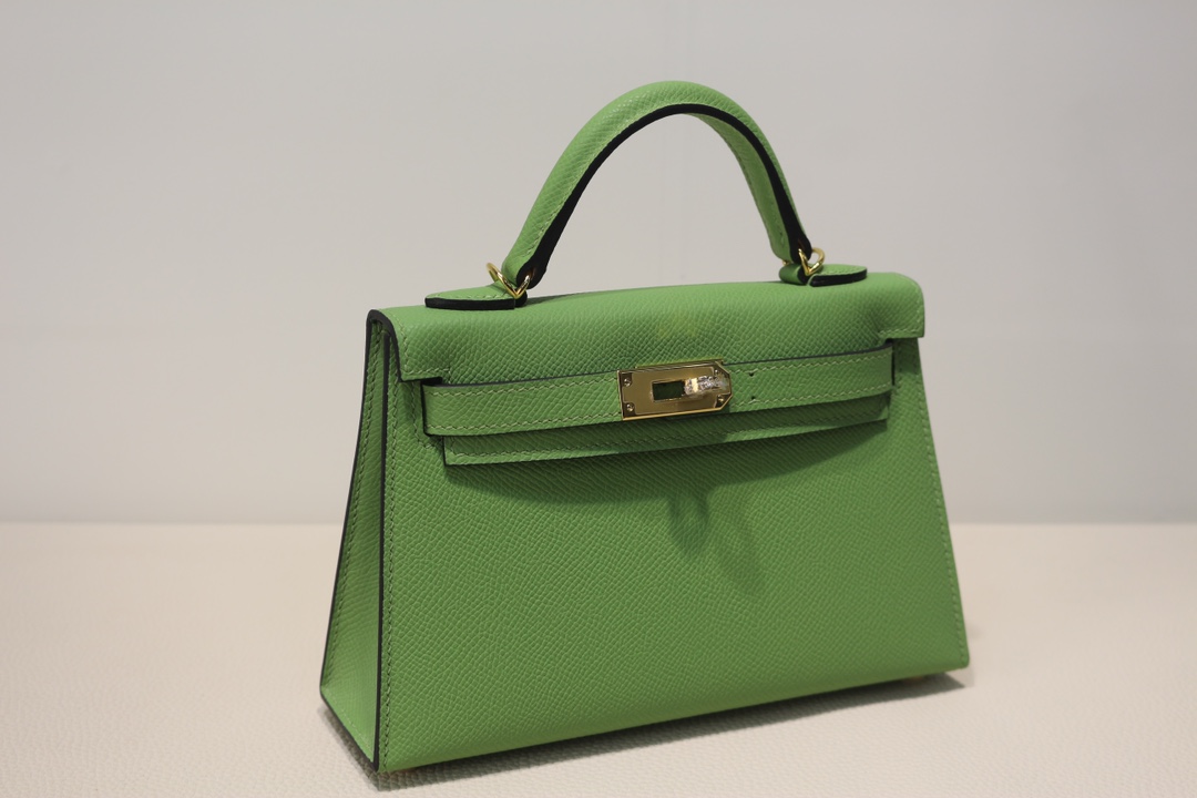 Hermes Kelly Mini II Bag Epsom Leather WAX Silver/Gold Metal Vert Criquet High