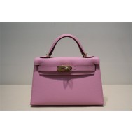 Hermes Kelly Mini II Bag Epsom Leather WAX Silver/Gold Metal Mauve Sylvestre High