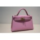 Hermes Kelly Mini II Bag Epsom Leather WAX Silver/Gold Metal Mauve Sylvestre High