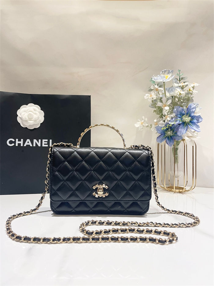 Chanel WALLET ON CHAIN AP3796 Rhinestone Lambskin & Gold-Tone Metal Black A