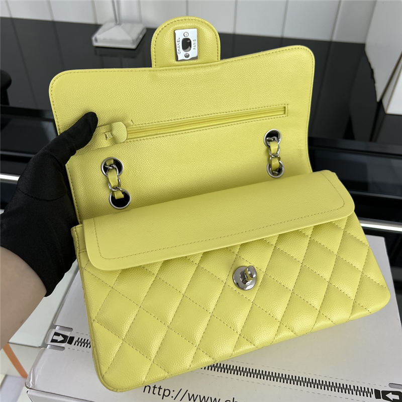 Small CLASSIC HANDBAG Grained Calfskin Silver Metal Yellow-E A