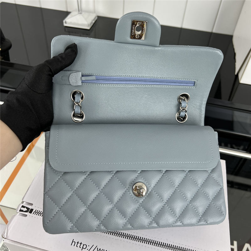 Small CLASSIC HANDBAG Grained Calfskin Silver Metal Grey-Blue A