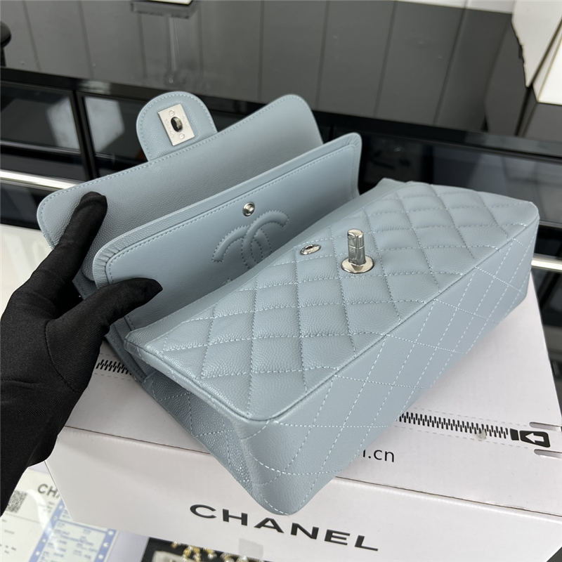 Small CLASSIC HANDBAG Grained Calfskin Silver Metal Grey-Blue-E A