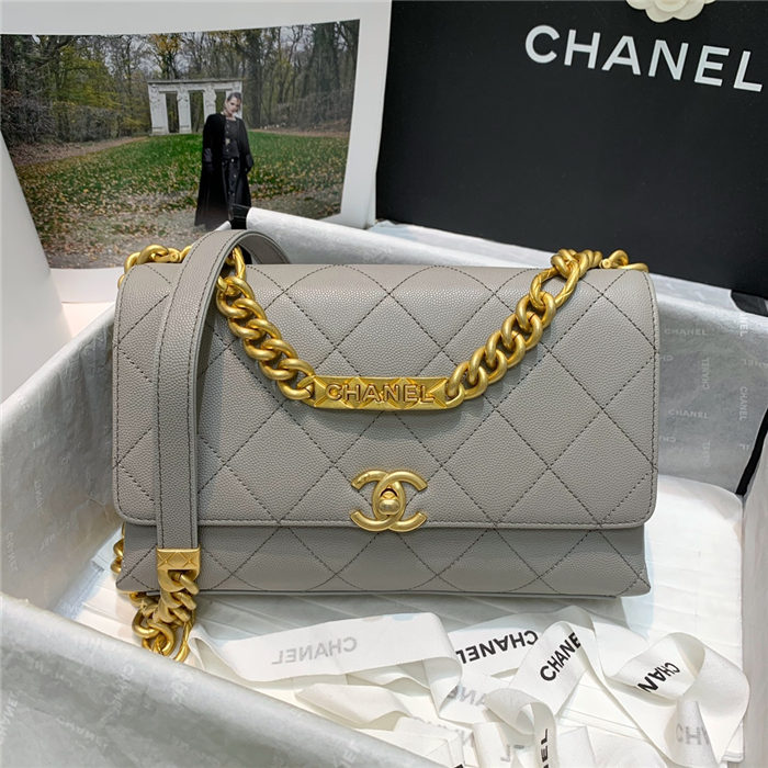 Chanel FLAP BAG Grained Calfskin & Gold-Tone Metal AS2764 Gray High