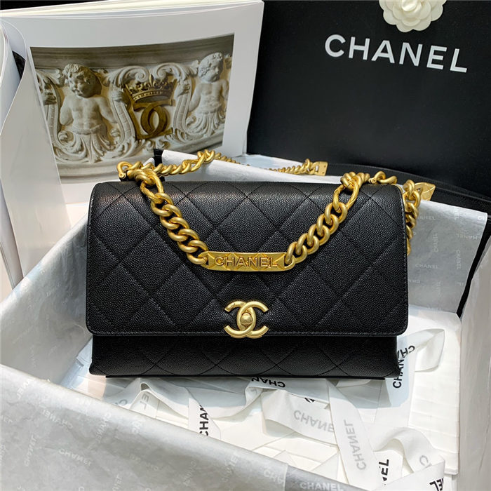 Chanel FLAP BAG Grained Calfskin & Gold-Tone Metal AS2764 Black High