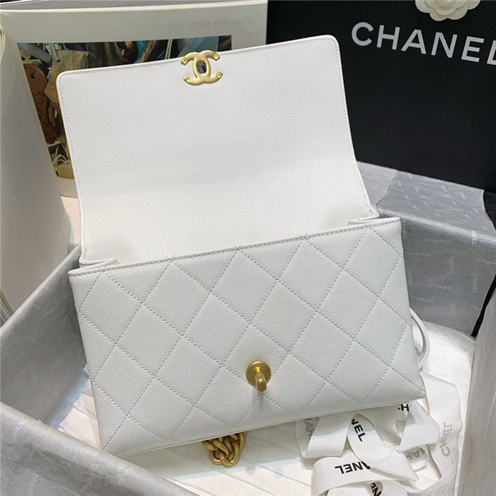 Chanel FLAP BAG Grained Calfskin & Gold-Tone Metal AS2764 White High