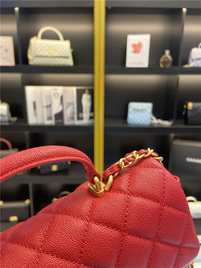 MINI FLAP BAG WITH TOP HANDLE AS2431 Grained Calfskin & Gold-Tone Metal Red High