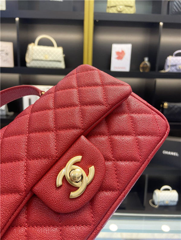 MINI FLAP BAG WITH TOP HANDLE AS2431 Grained Calfskin & Gold-Tone Metal Red High