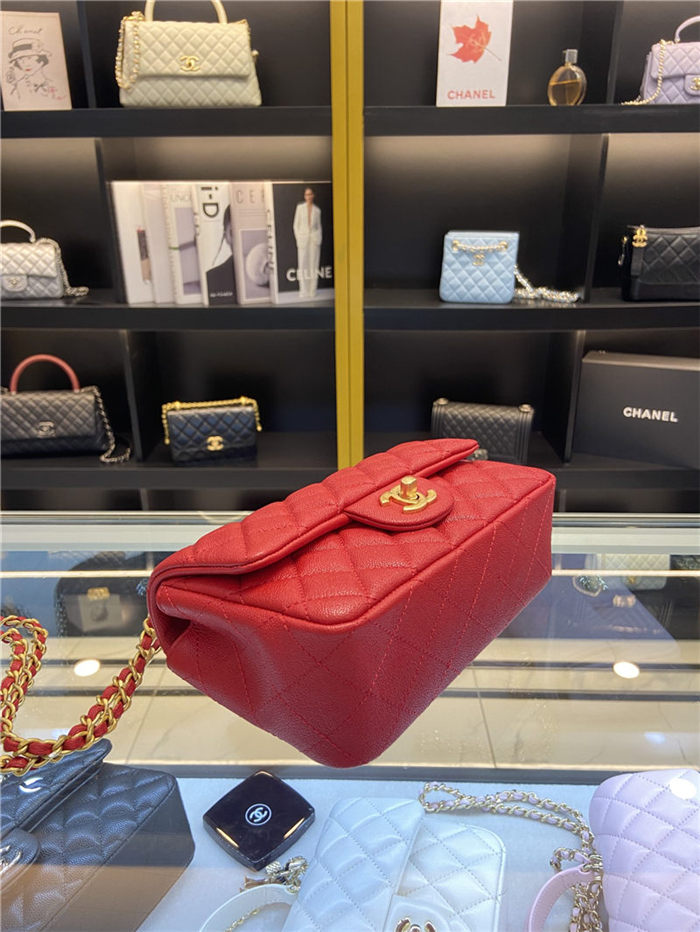 MINI FLAP BAG WITH TOP HANDLE AS2431 Grained Calfskin & Gold-Tone Metal Red High