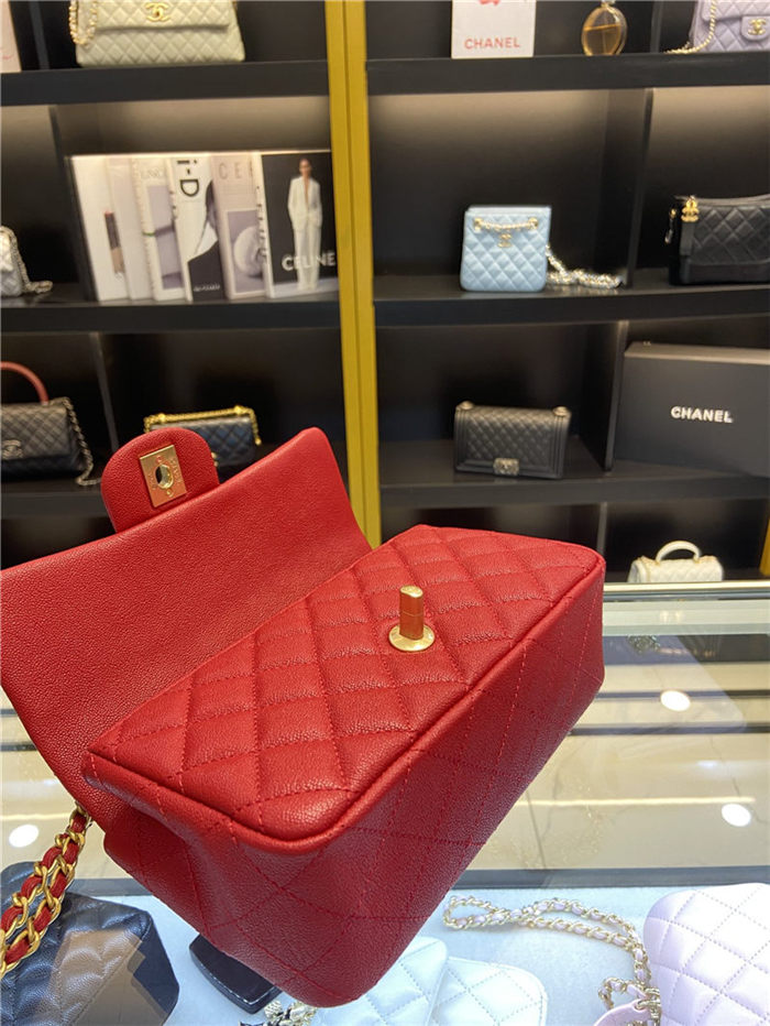 MINI FLAP BAG WITH TOP HANDLE AS2431 Grained Calfskin & Gold-Tone Metal Red High