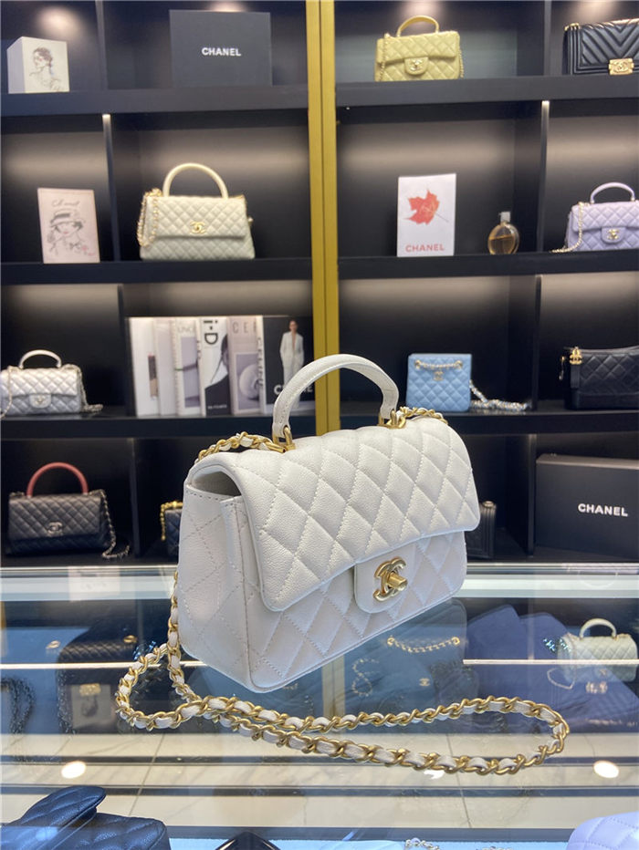 MINI FLAP BAG WITH TOP HANDLE AS2431 Grained Calfskin & Gold-Tone White High