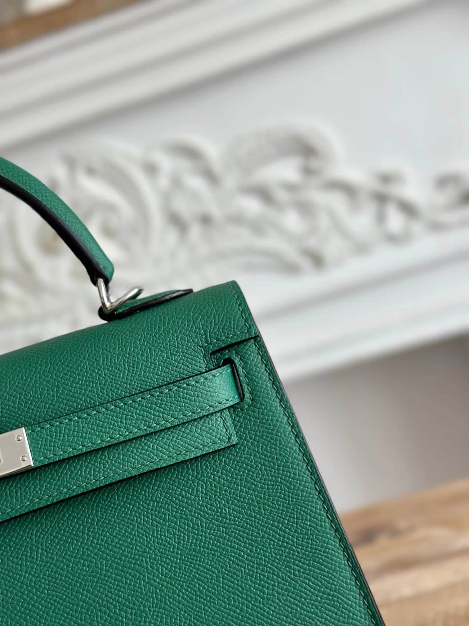 Hermes Kelly 25/28cm Sellier Bag Epsom Leather Silver/Gold Metal In Vert foncé WAX High