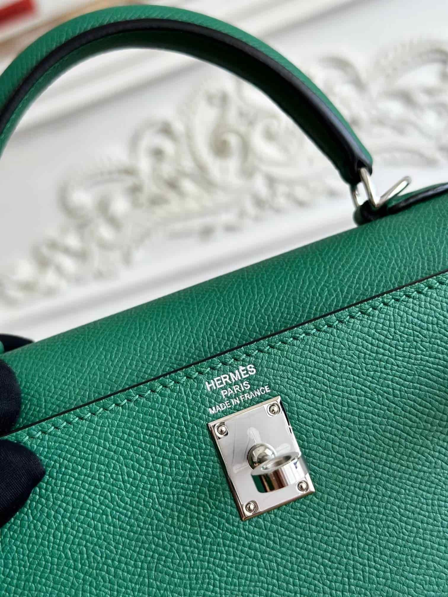 Hermes Kelly 25/28cm Sellier Bag Epsom Leather Silver/Gold Metal In Vert foncé WAX High