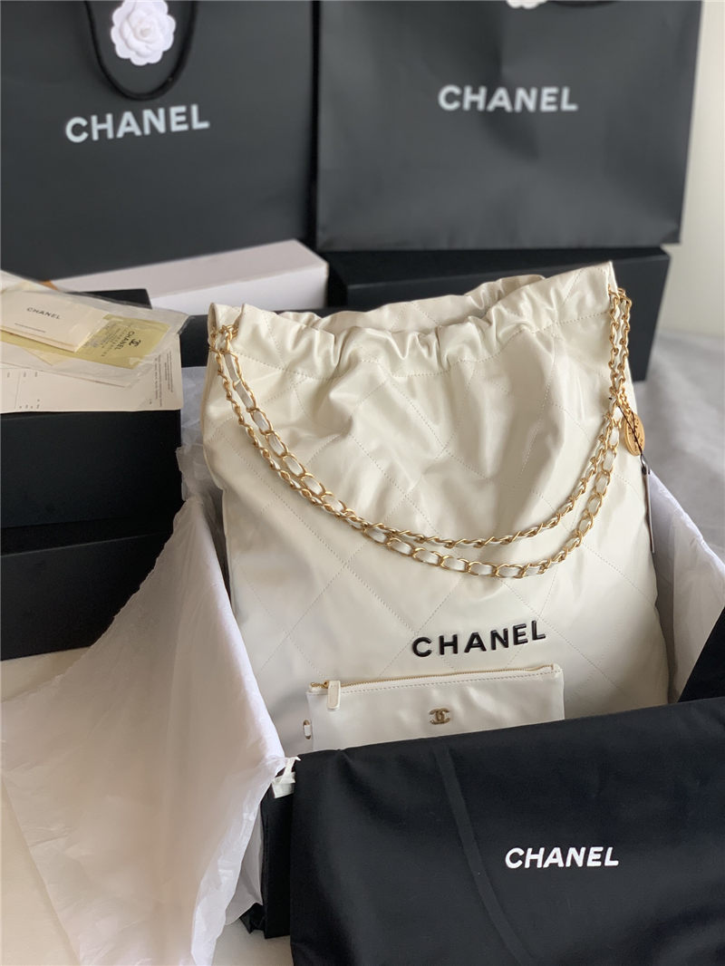 Chanel 22 LARGE HANDBAG Shiny Calfskin & Gold-Tone Metal AS3262 White High