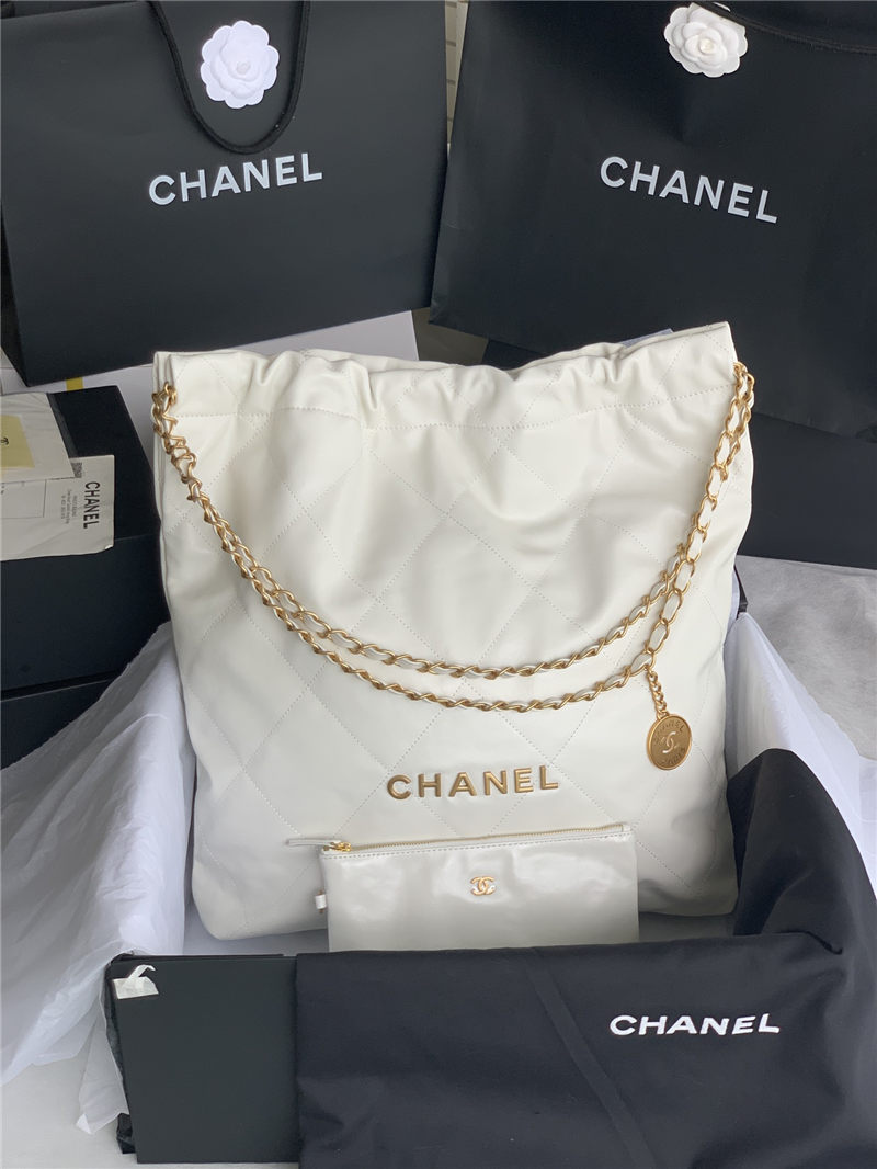 Chanel 22 LARGE HANDBAG Shiny Calfskin & Gold-Tone Metal AS3262 White High