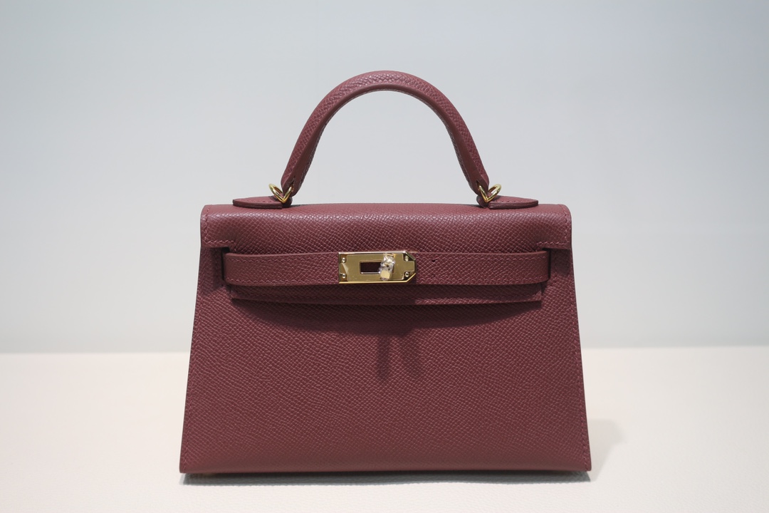 Hermes Kelly Mini II Bag Epsom Leather WAX Silver/Gold Metal Bordeaux High