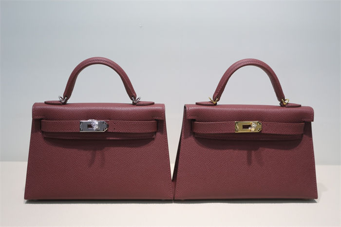 Hermes Kelly Mini II Bag Epsom Leather WAX Silver/Gold Metal Bordeaux High