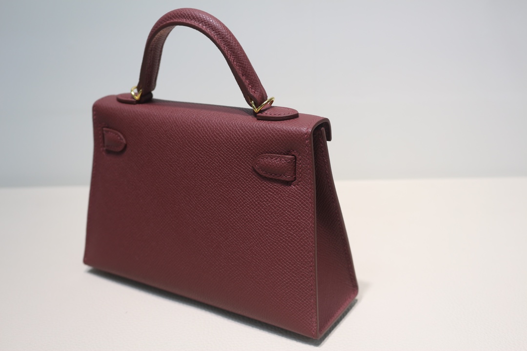 Hermes Kelly Mini II Bag Epsom Leather WAX Silver/Gold Metal Bordeaux High