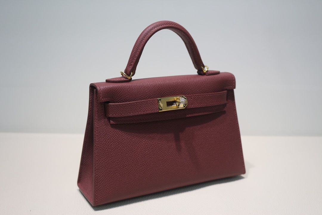 Hermes Kelly Mini II Bag Epsom Leather WAX Silver/Gold Metal Bordeaux High