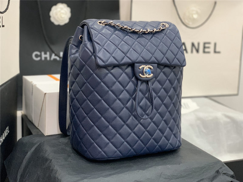 Chanel Large Backpack Lambskin 91122 Silver-Metal Navy High