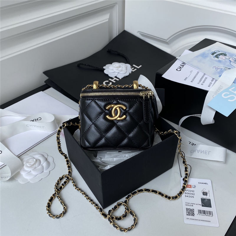 Chanel SMALL VANITY WITH CHAIN Calfskin & Gold-Tone Metal AP2292 Black A