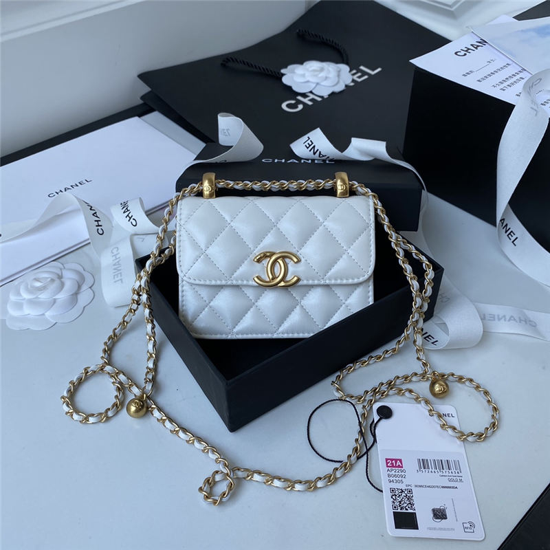 Chanel FLAP COIN PURSE WITH CHAIN Calfskin & Gold-Tone Metal AP2290 White A