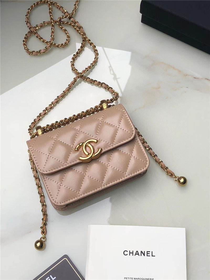 Chanel FLAP COIN PURSE WITH CHAIN Calfskin & Gold-Tone Metal AP2290 Beige A