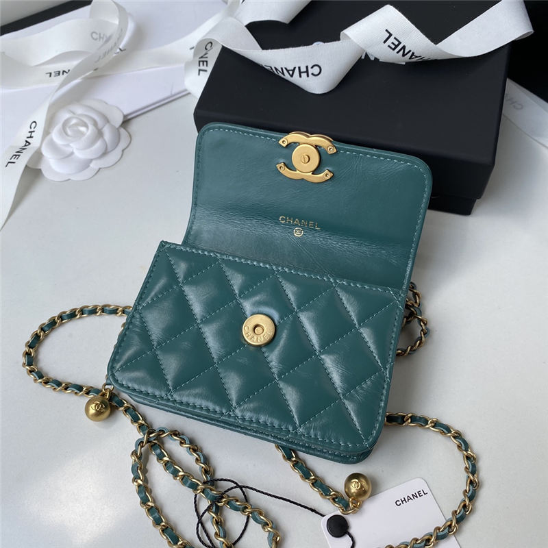 Chanel FLAP COIN PURSE WITH CHAIN Calfskin & Gold-Tone Metal AP2290 Green A