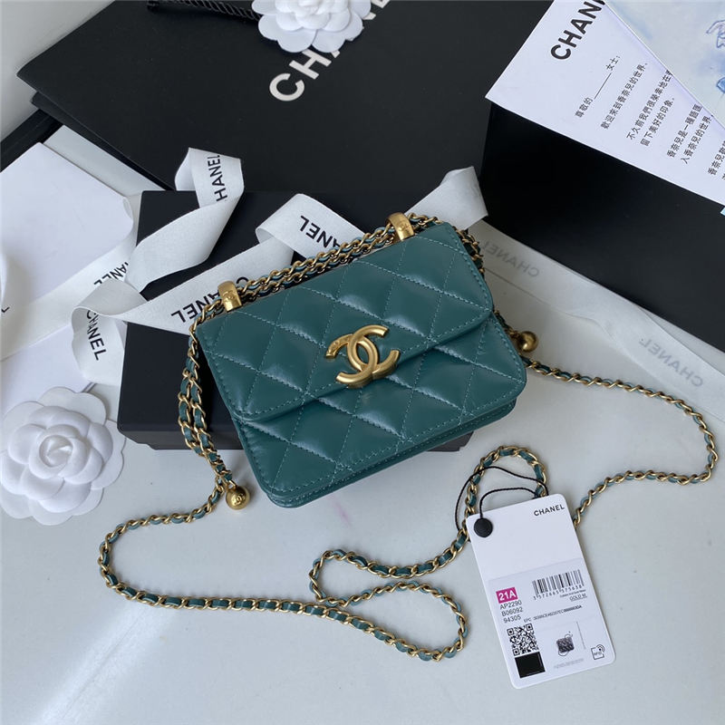 Chanel FLAP COIN PURSE WITH CHAIN Calfskin & Gold-Tone Metal AP2290 Green A