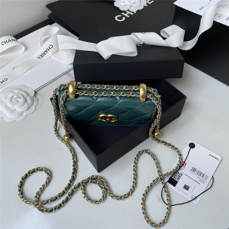 Chanel FLAP COIN PURSE WITH CHAIN Calfskin & Gold-Tone Metal AP2290 Green A