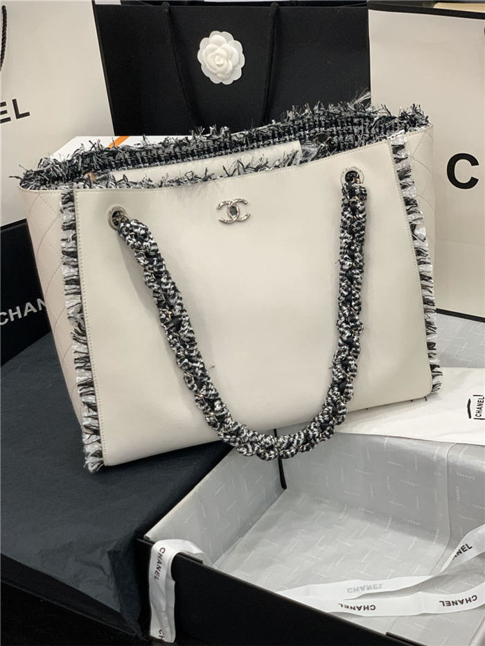 Chanel Shopping Tote Bag Calfskin AS8485 White High