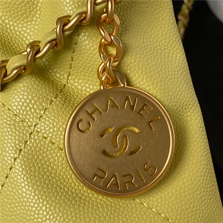 Chanel 22 MINI HANDBAG Shiny Grained Calfskin Yellow & Gold-Tone Lacquered Metal AS3980 High