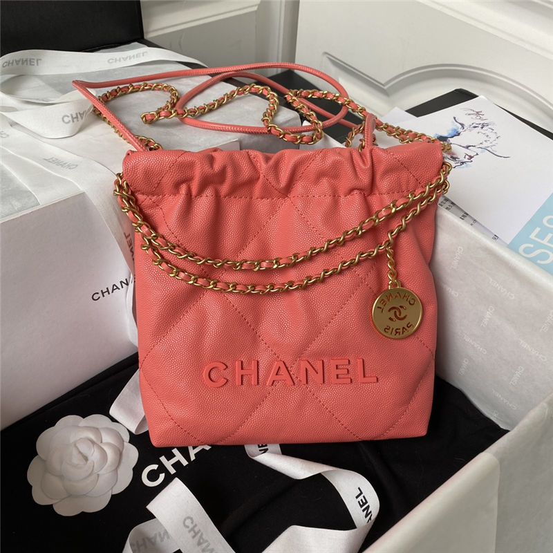 Chanel 22 MINI HANDBAG Shiny Grained Calfskin Orange-Red & Gold-Tone Lacquered Metal AS3980 High