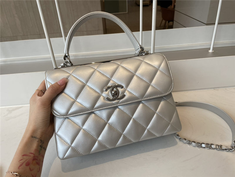 FLAP BAG WITH TOP HANDLE Metallic Lambskin & Silver-Tone Metal Silver High