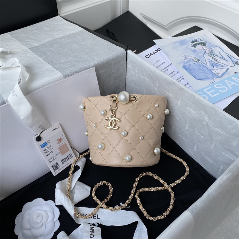 Chanel MINI BUCKET BAG Lambskin, Imitation Pearls & Gold-Tone Metal Beige A