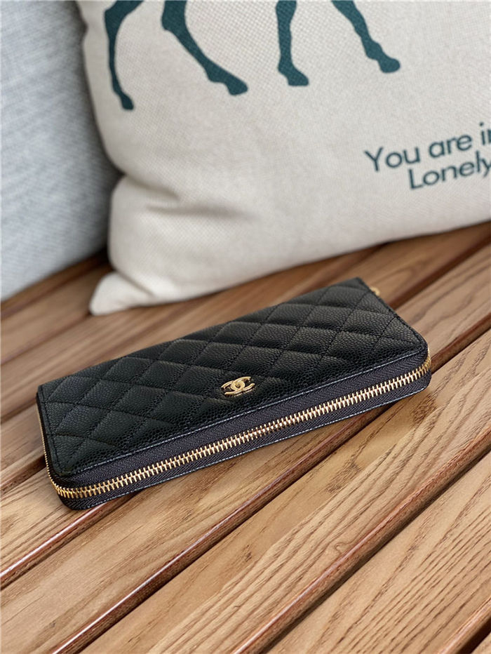 CLASSIC LONG ZIPPED WALLET Grained Calfskin Black & Gold-Tone Metal AP0242 High