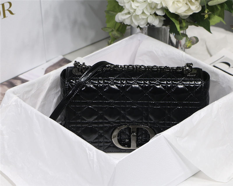 MEDIUM Dior CARO BAG Crinkled Patent Lambskin Black High