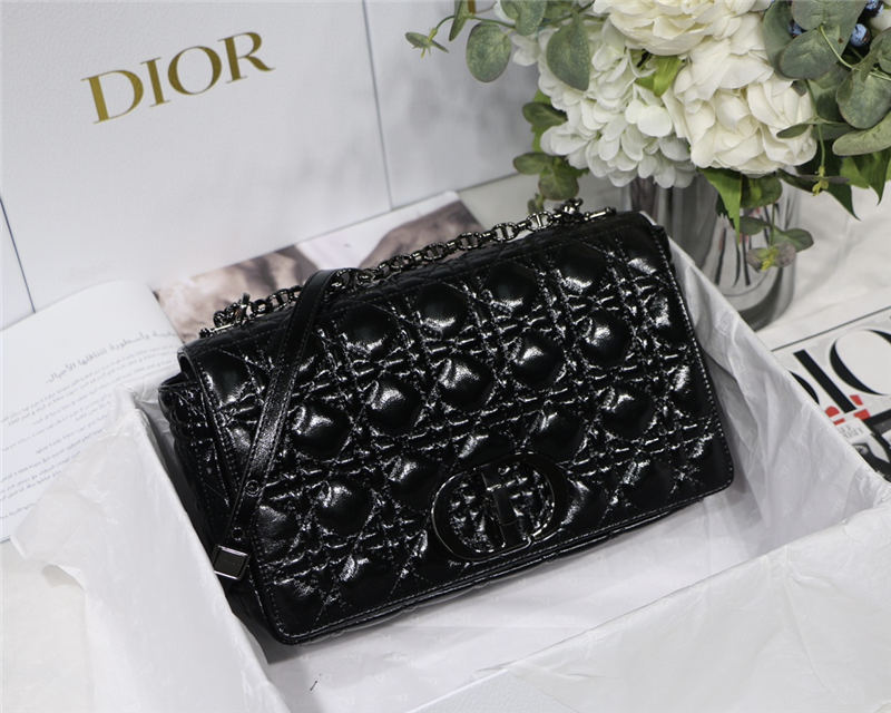 LARGE Dior CARO BAG Crinkled Patent Lambskin Black High