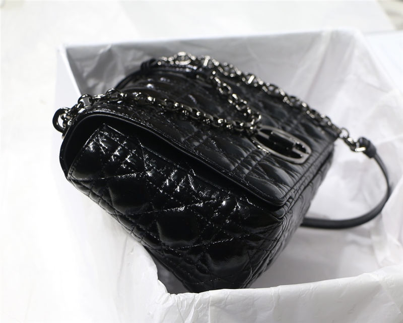 LARGE Dior CARO BAG Crinkled Patent Lambskin Black High