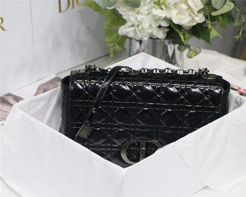 LARGE Dior CARO BAG Crinkled Patent Lambskin Black High