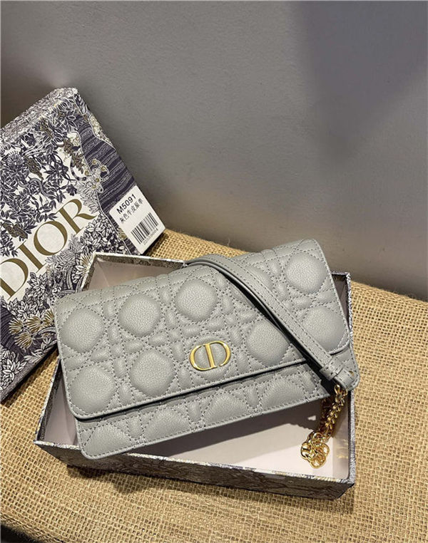 Dior CARO BELT POUCH WITH CHAIN Supple Cannage Calfskin Grey High